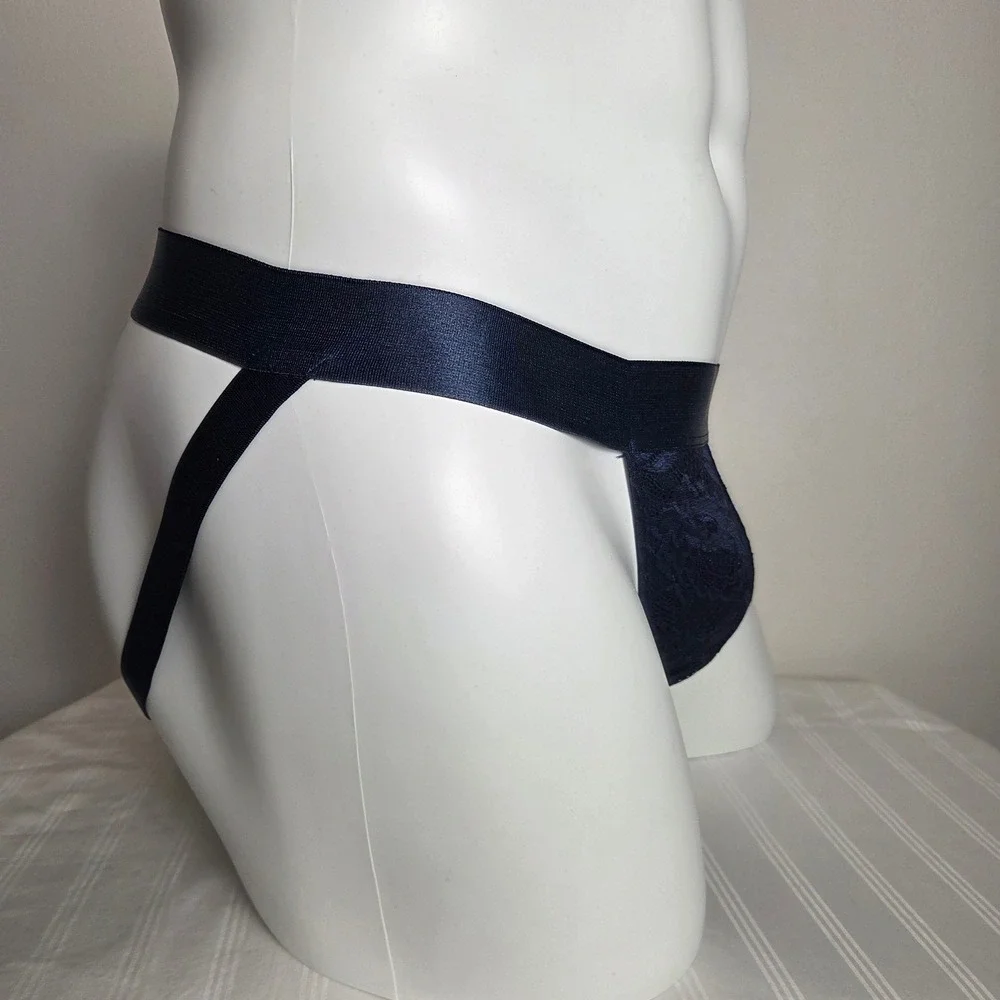 Cosabella Navy Blue Floral Lace Jockstrap Mens Satin Waistband Sheer Underwear